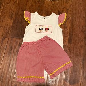 Mickey and Minnie smocked shorts set.   Girls size 7.  Red gingham shorts